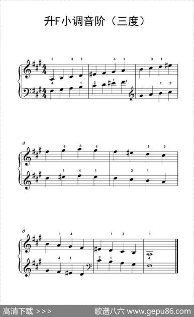 升F小调音阶（反向四个八度）（儿童钢琴练习曲）