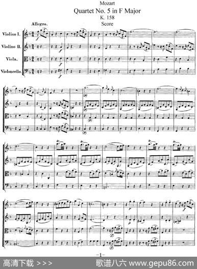 Mozart《QuartetNo.5inFMajor,K.158》（总谱）