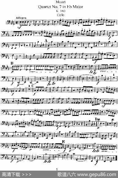 Mozart《QuartetNo.7inEbMajor,K.160》（Cello分谱）