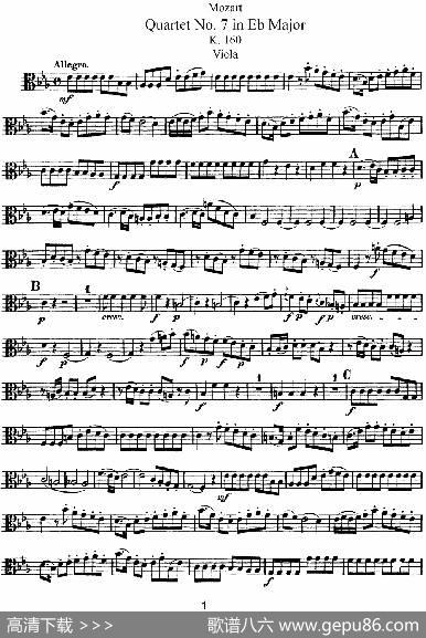 Mozart《QuartetNo.7inEbMajor,K.160》（Viola分谱）