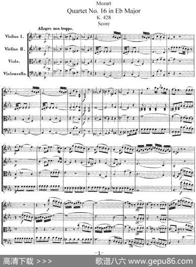 Mozart《QuartetNo.16inEbMajor,K.428》（总谱）