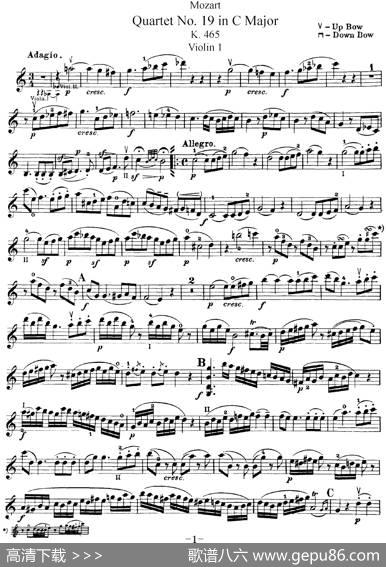 Mozart《QuartetNo.19inCMajor,K.465》（Violin1分谱）