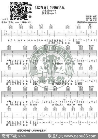 王菲《致青春》吉他谱C调精华版高音教编配猴哥吉他教学