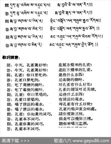孔雀吃水（藏族民歌、藏文及音译版）