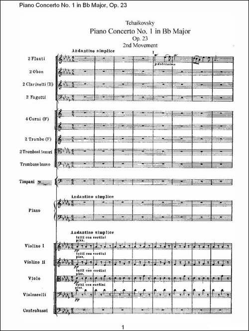 Bb大调第一钢琴协奏曲,Op.23第二乐章-钢琴谱