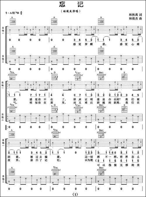 忘记-林秋离词-林俊杰曲、双吉他-吉他谱
